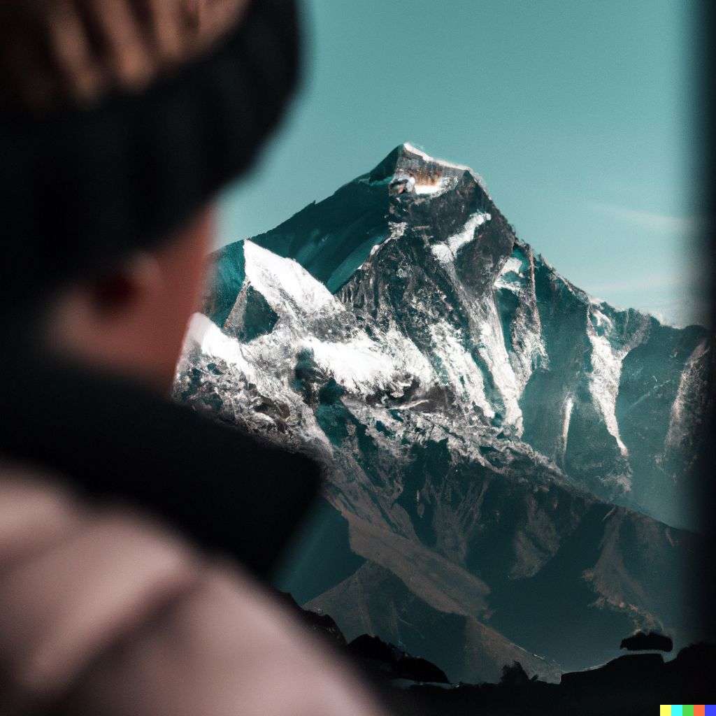 someone gazing at Mount Everest, photograph taken with a macro lens, 50mm